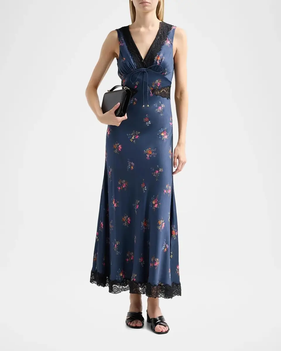 Self-Portrait Inset-Lace Printed Satin Midi Dress | Thumbnail 2 Self-Portrait Inset-Lace Printed Satin Midi Dress | Thumbnail 2