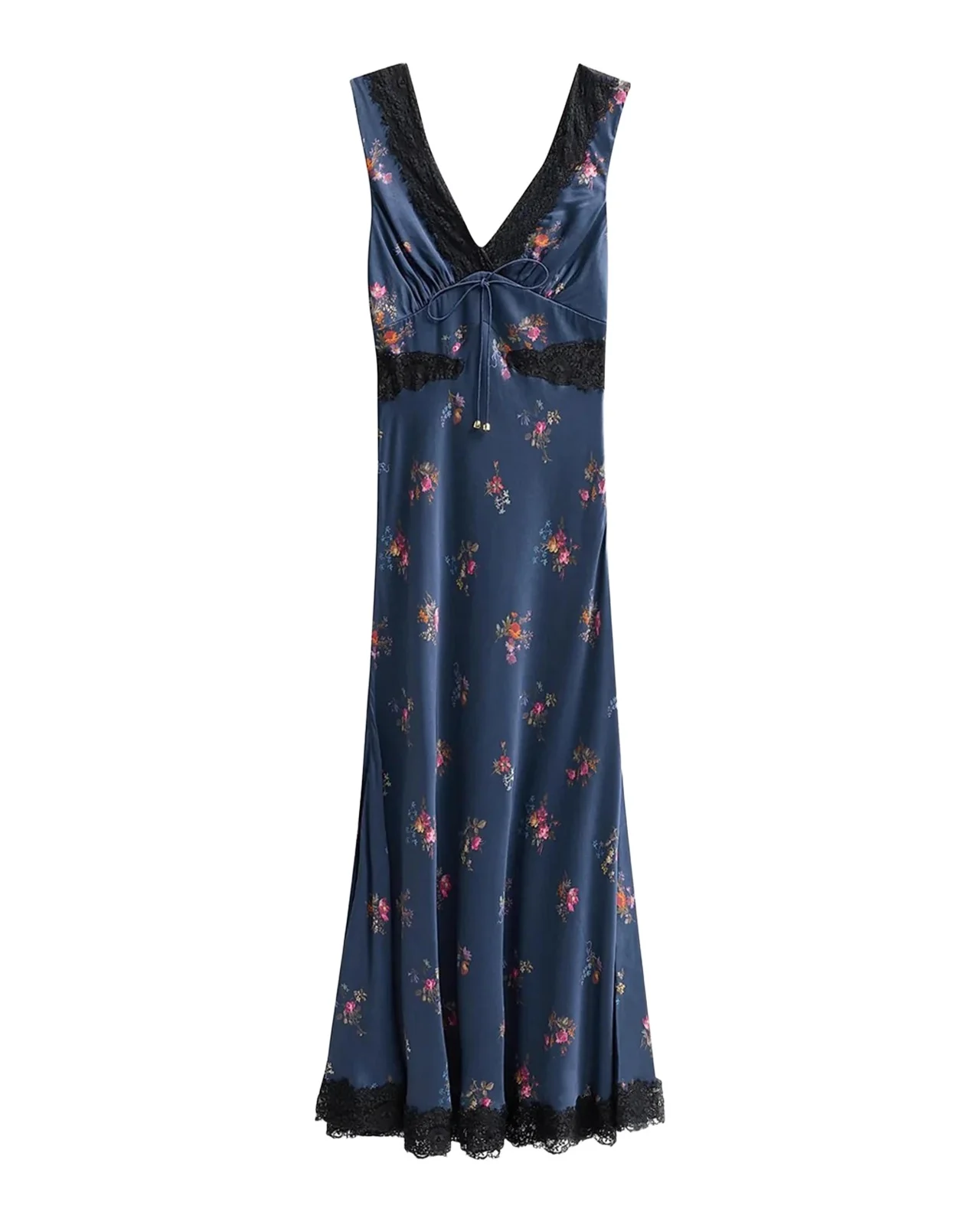 Inset-Lace Printed Satin Midi Dress Inset-Lace Printed Satin Midi Dress