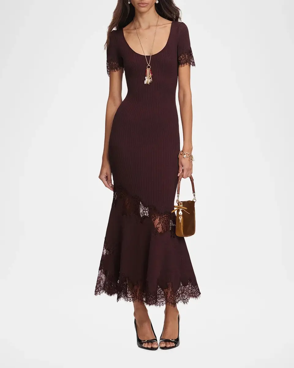 Self-Portrait Lace-Trim Rib-Knit Midi Dress | Thumbnail 2