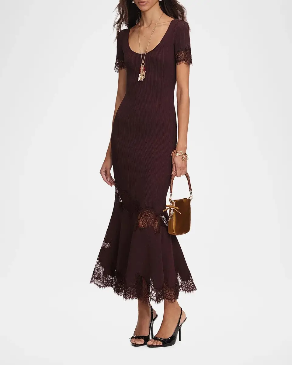 Self-Portrait Lace-Trim Rib-Knit Midi Dress | Thumbnail 6
