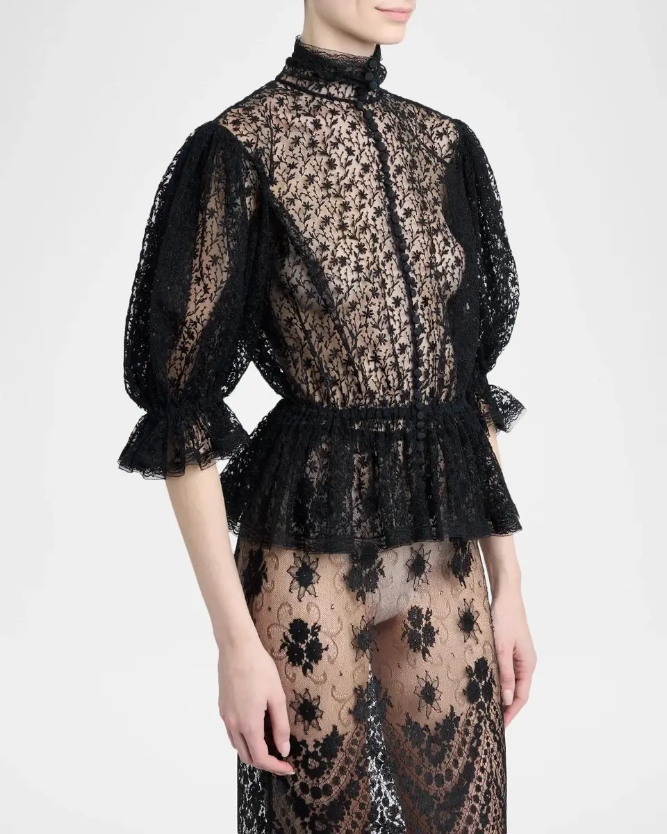 Dolce & Gabbana Floral Embroidered Tulle Puff-Sleeve Ruffle Peplum Blouse | Thumbnail 4 Dolce & Gabbana Floral Embroidered Tulle Puff-Sleeve Ruffle Peplum Blouse | Thumbnail 4