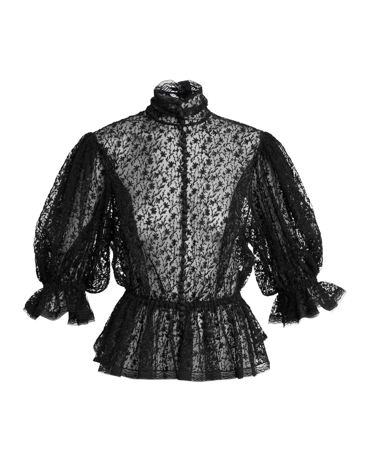 Floral Embroidered Tulle Puff-Sleeve Ruffle Peplum Blouse