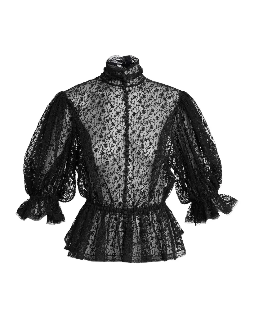 Floral Embroidered Tulle Puff-Sleeve Ruffle Peplum Blouse Floral Embroidered Tulle Puff-Sleeve Ruffle Peplum Blouse