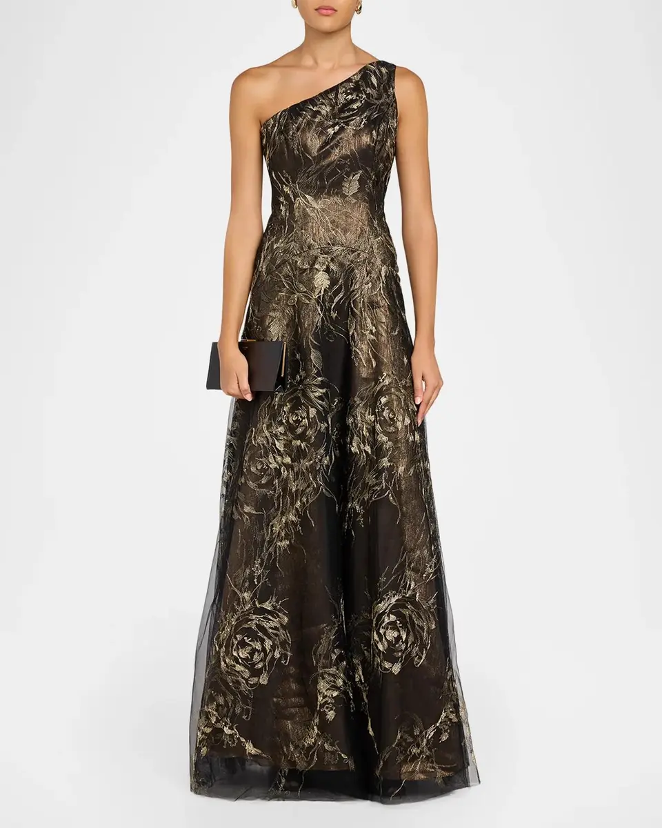 Rene Ruiz Collection Metallic Floral Tulle One-Shoulder Gown | Thumbnail 2 Rene Ruiz Collection Metallic Floral Tulle One-Shoulder Gown | Thumbnail 2