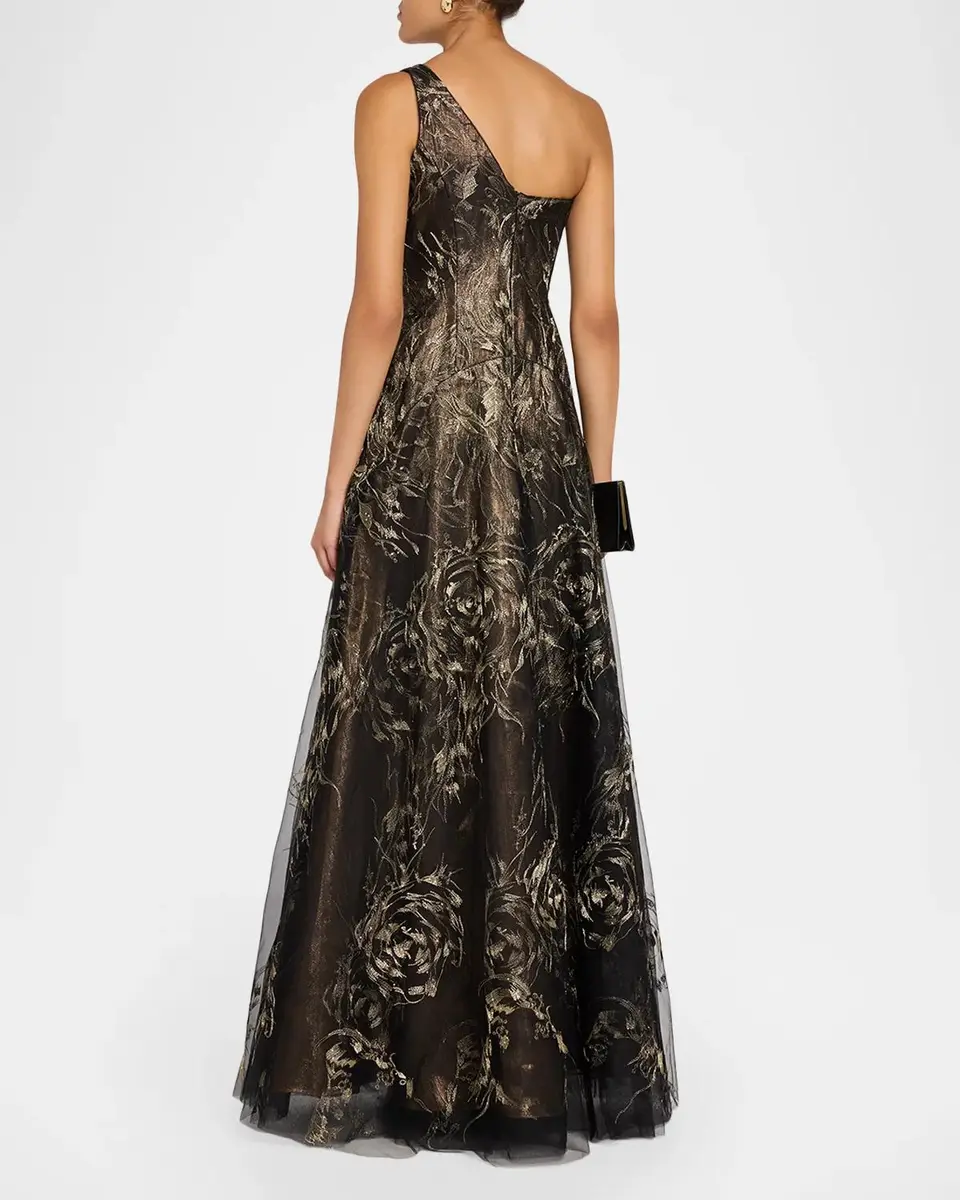 Rene Ruiz Collection Metallic Floral Tulle One-Shoulder Gown | Thumbnail 3 Rene Ruiz Collection Metallic Floral Tulle One-Shoulder Gown | Thumbnail 3