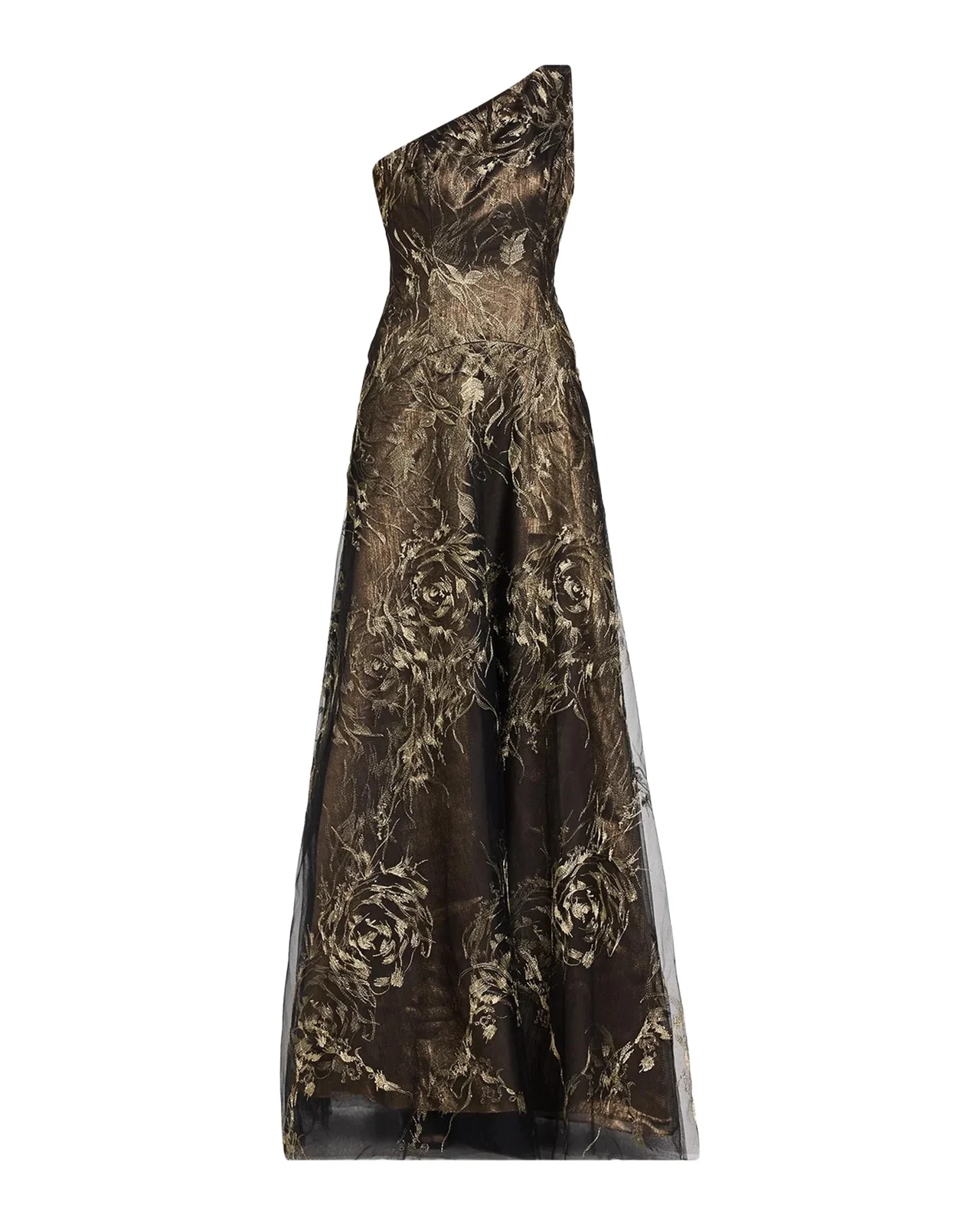 Rene Ruiz Collection Metallic Floral Tulle One-Shoulder Gown