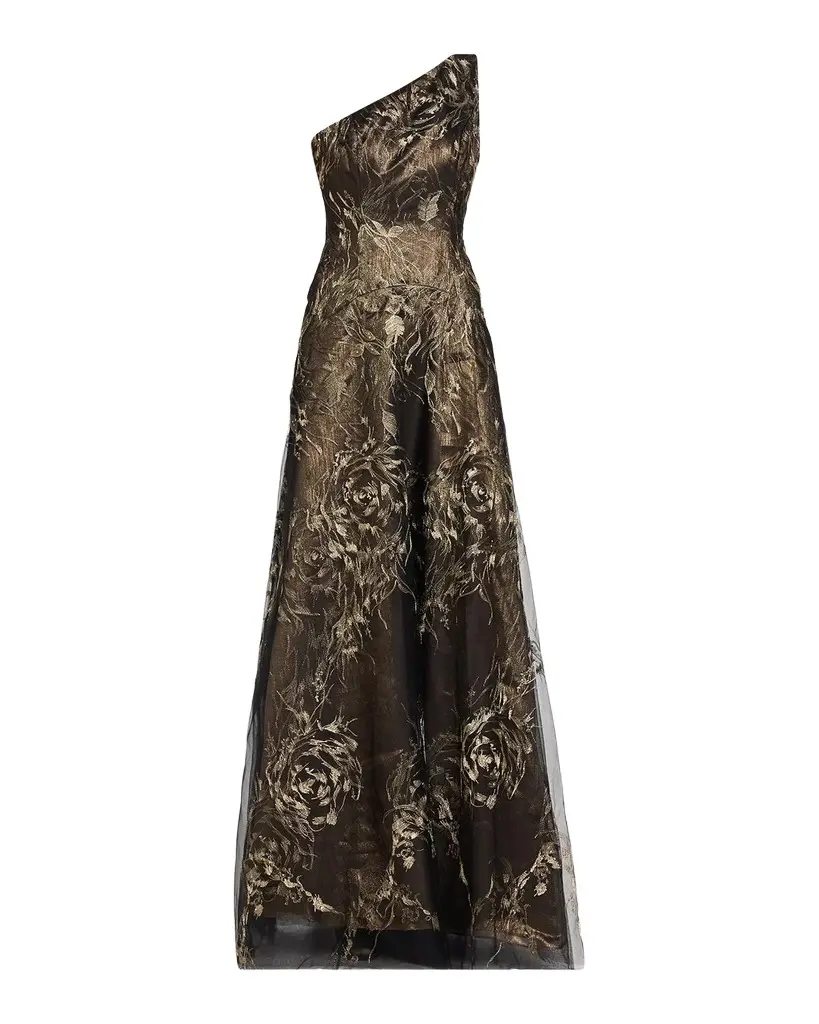 Rene Ruiz Collection Metallic Floral Tulle One-Shoulder Gown