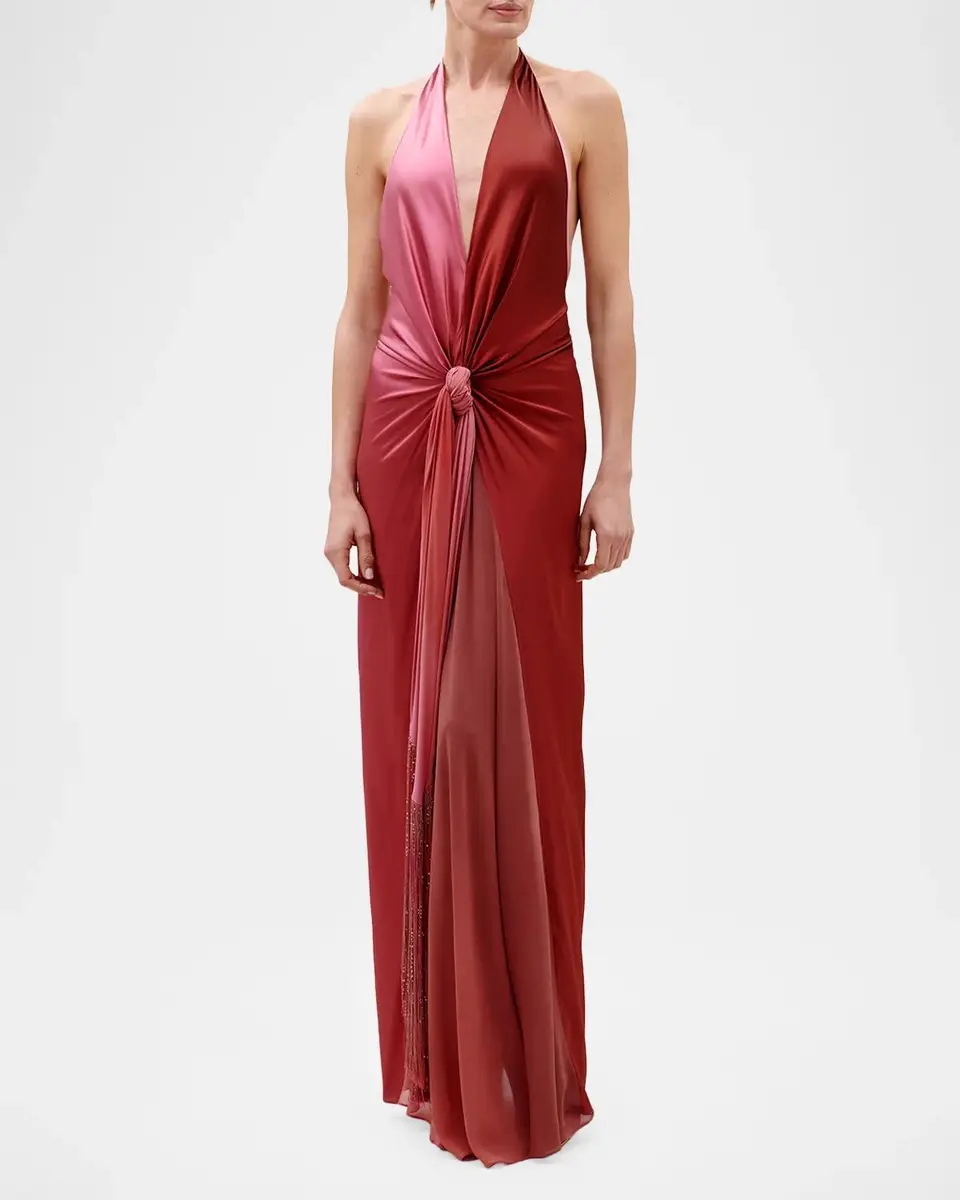 Silvia Tcherassi Corsario Knotted Ombre Silk Plunging Halter Maxi Dress | Thumbnail 2