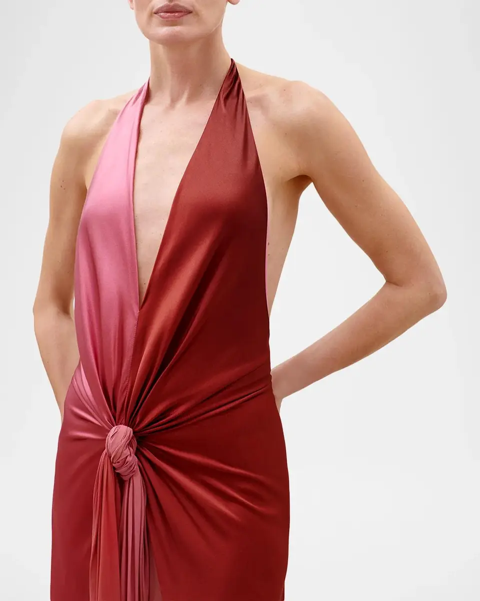 Silvia Tcherassi Corsario Knotted Ombre Silk Plunging Halter Maxi Dress | Thumbnail 4