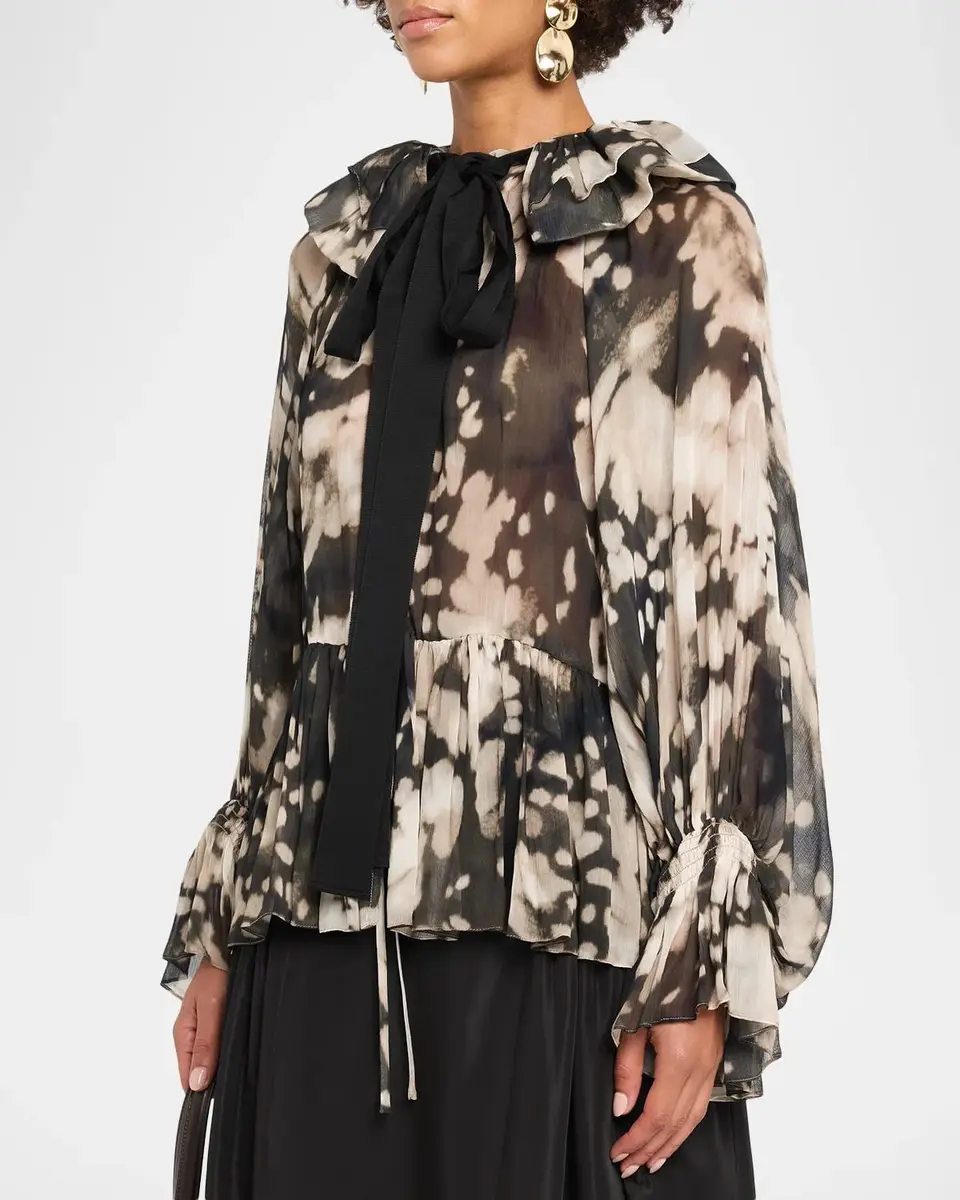 Christopher John Rogers Ocelot Print Crinkle Chiffon Ruffled Bow-Neck Blouse | Thumbnail 4 Christopher John Rogers Ocelot Print Crinkle Chiffon Ruffled Bow-Neck Blouse | Thumbnail 4