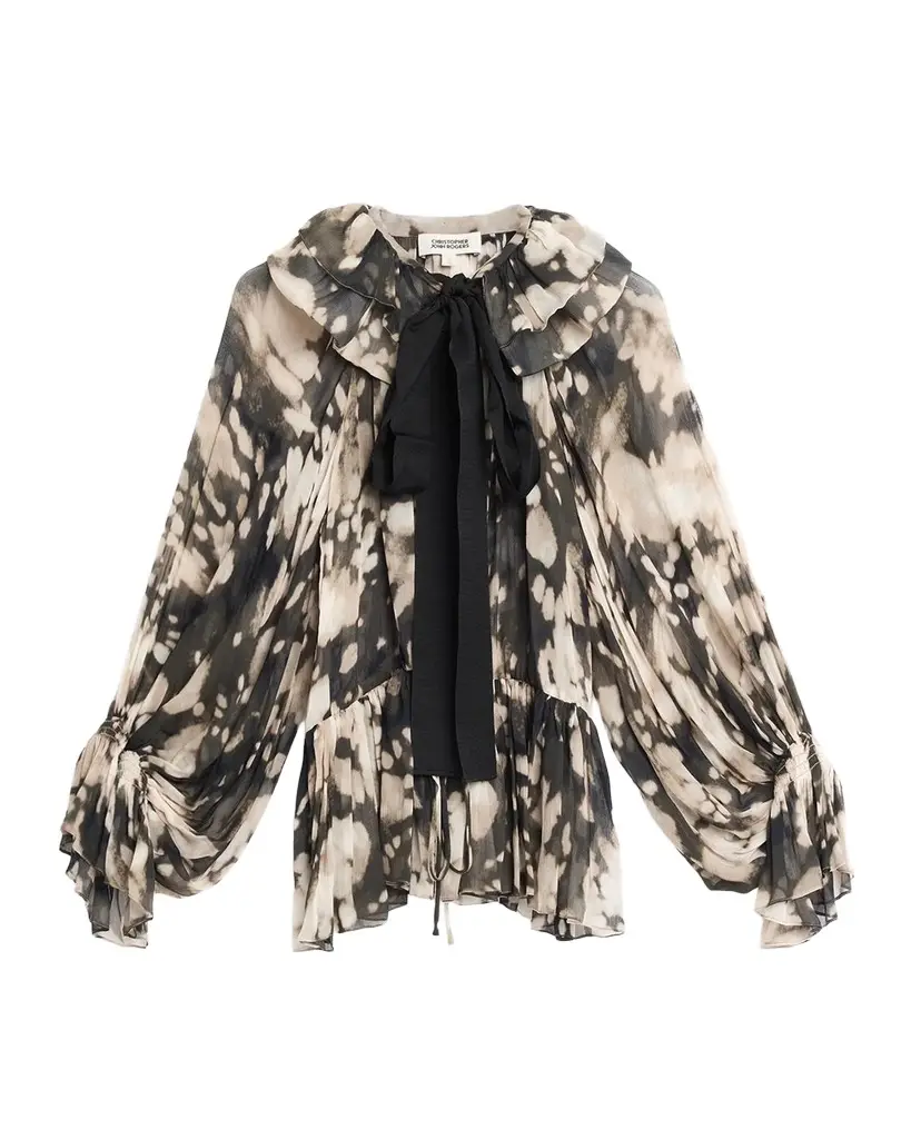 Ocelot Print Crinkle Chiffon Ruffled Bow-Neck Blouse Ocelot Print Crinkle Chiffon Ruffled Bow-Neck Blouse
