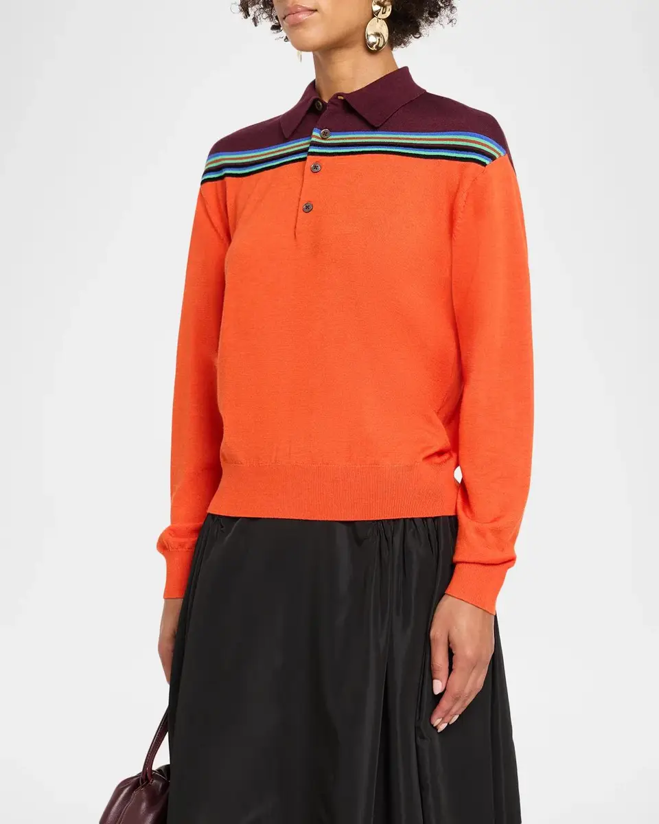 Christopher John Rogers Colorblock Striped Wool-Silk Polo Sweater | Thumbnail 4 Christopher John Rogers Colorblock Striped Wool-Silk Polo Sweater | Thumbnail 4
