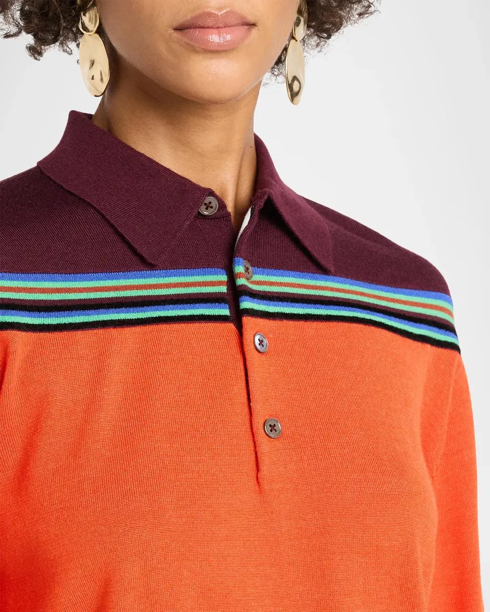 Christopher John Rogers Colorblock Striped Wool-Silk Polo Sweater | Thumbnail 5 Christopher John Rogers Colorblock Striped Wool-Silk Polo Sweater | Thumbnail 5