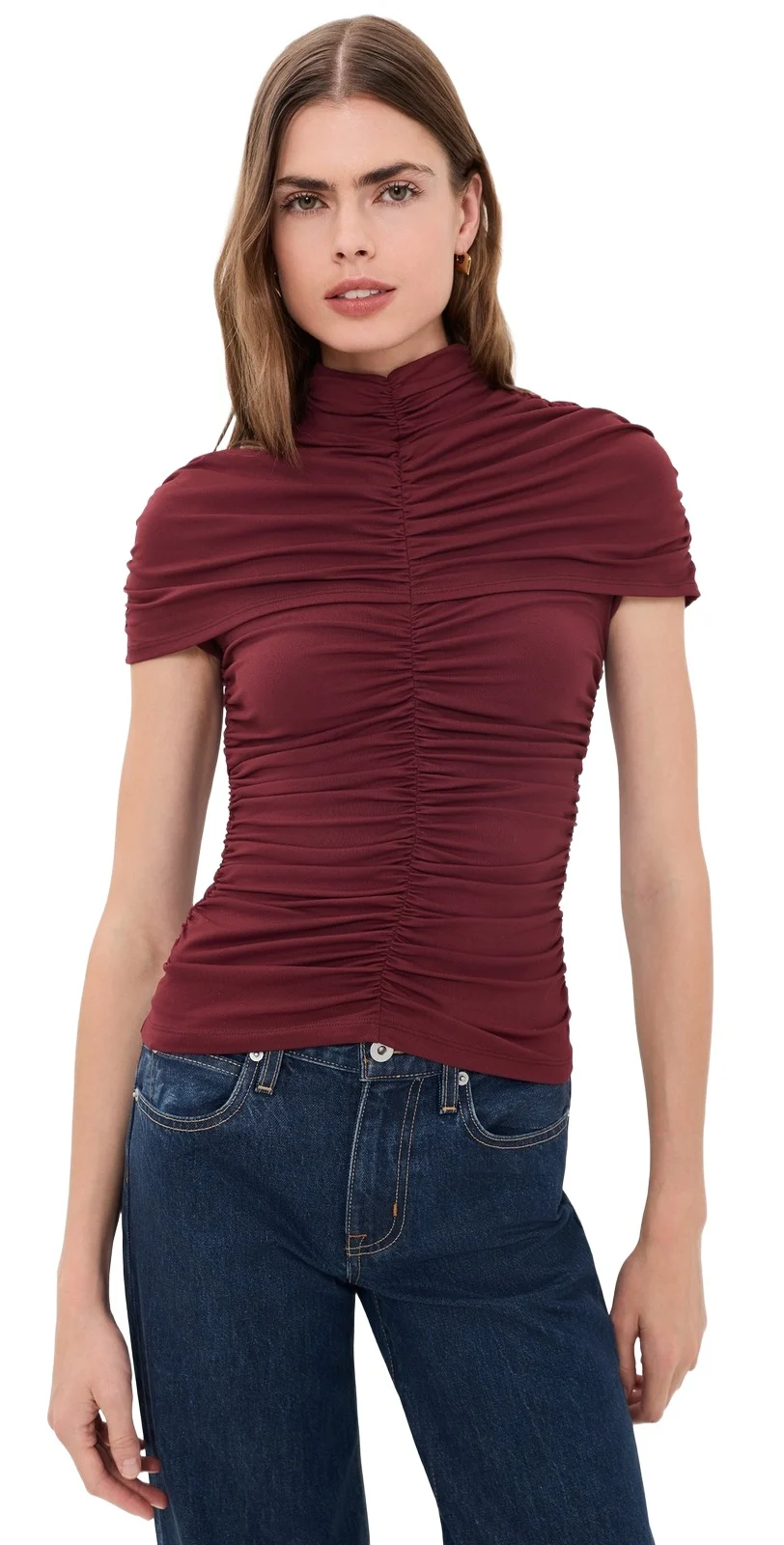 Mock Neck Overlay Gathered Top