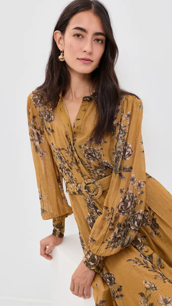 Hemant & Nandita Long Shirt Dress with Buckle Belt & Slip Gold | Thumbnail 2 Hemant & Nandita Long Shirt Dress with Buckle Belt & Slip Gold | Thumbnail 2