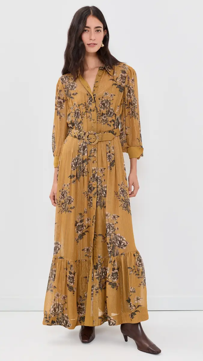 Hemant & Nandita Long Shirt Dress with Buckle Belt & Slip Gold | Thumbnail 3 Hemant & Nandita Long Shirt Dress with Buckle Belt & Slip Gold | Thumbnail 3