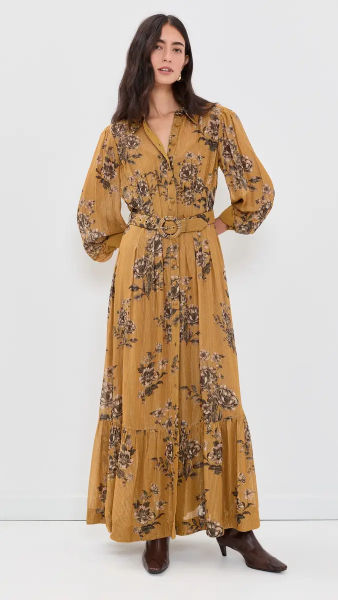 Hemant & Nandita Long Shirt Dress with Buckle Belt & Slip Gold | Thumbnail 6 Hemant & Nandita Long Shirt Dress with Buckle Belt & Slip Gold | Thumbnail 6