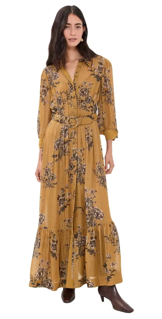 Hemant & Nandita Long Shirt Dress with Buckle Belt & Slip Gold