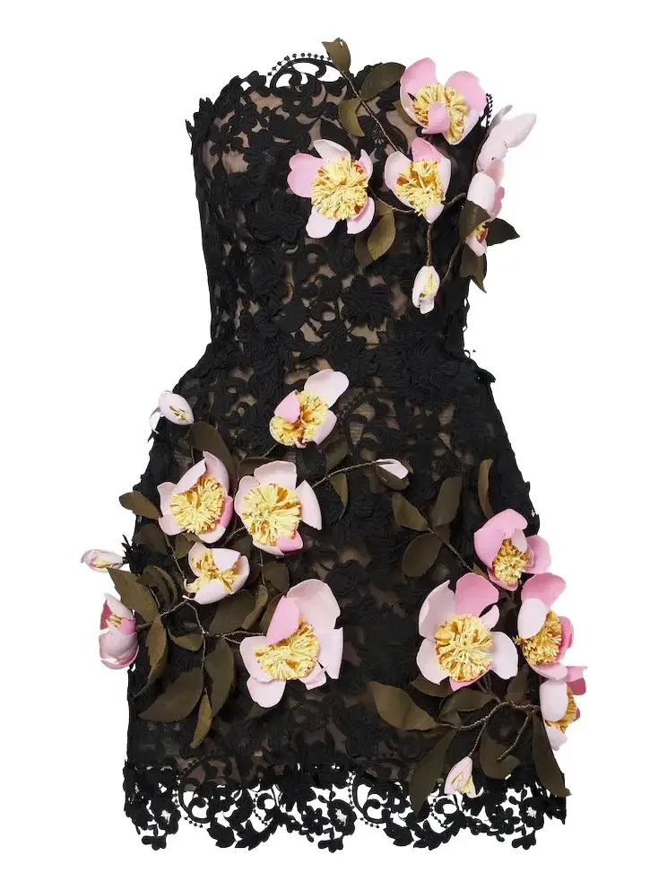 Oscar de la Renta Floral-appliqué guipure lace bustier dress