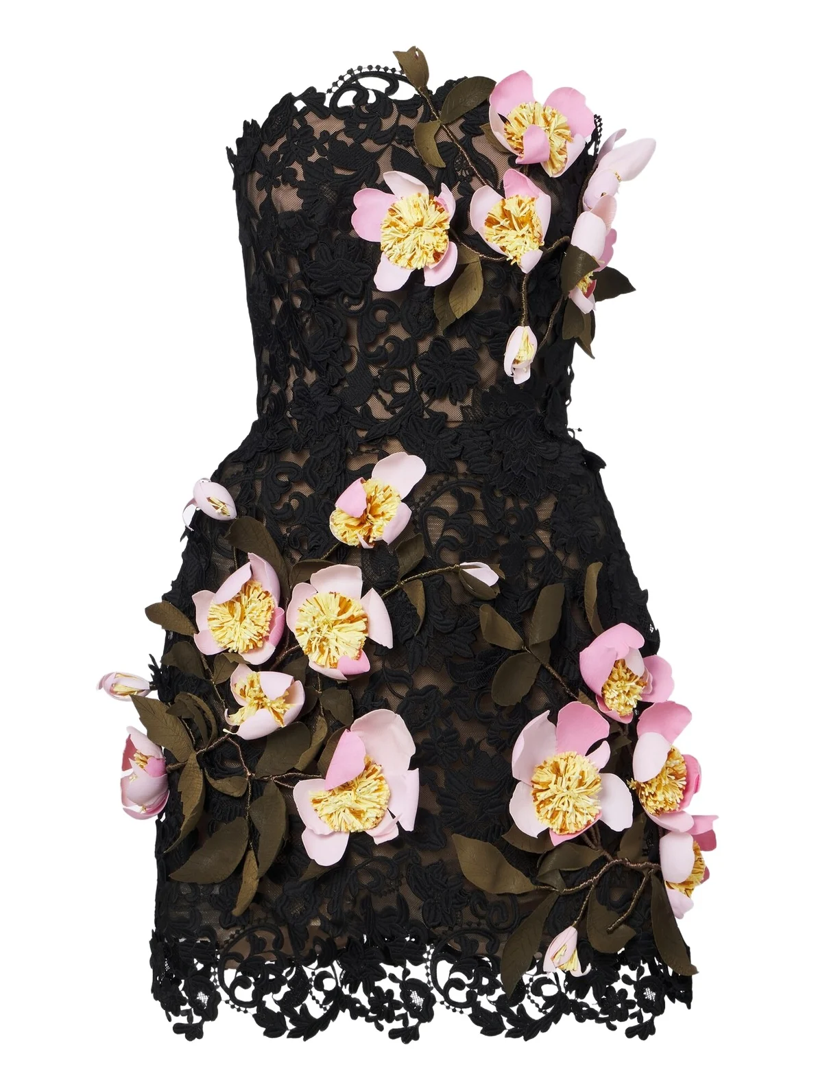 Floral-appliqué guipure lace bustier dress