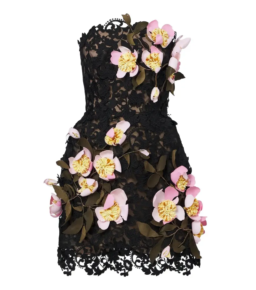 Floral-appliqué guipure lace bustier dress