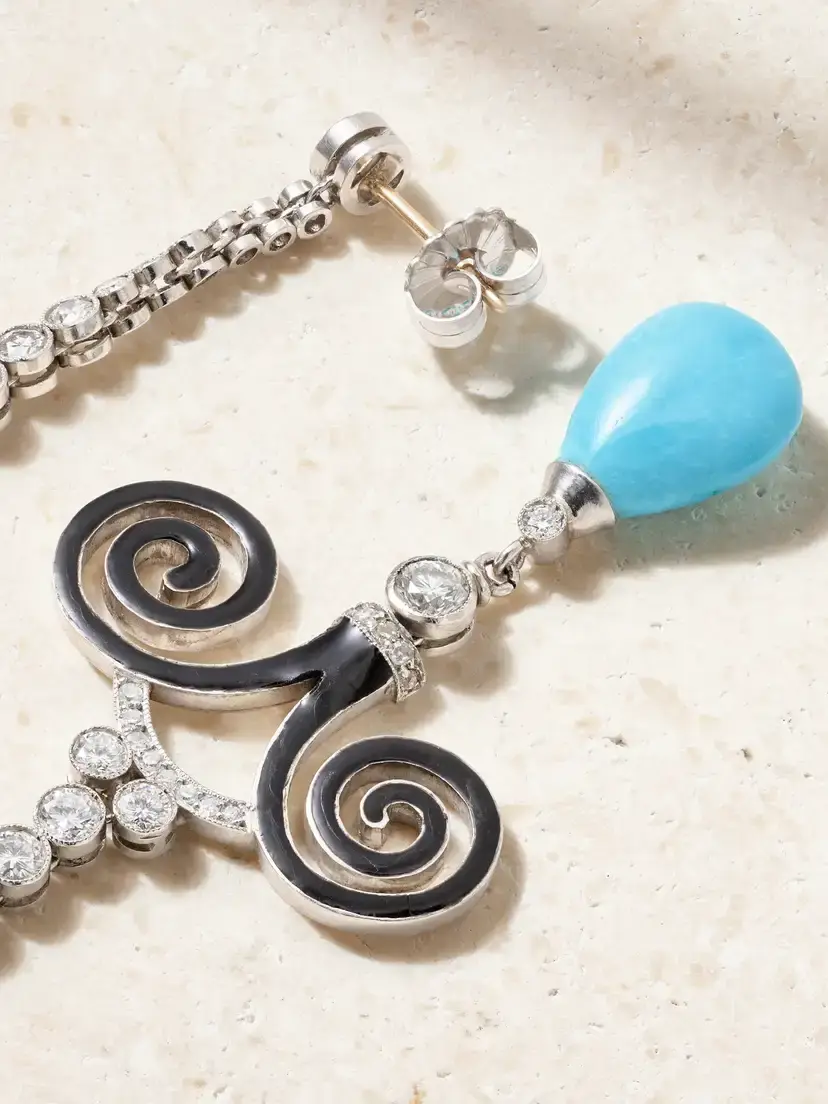 Eleuteri Vintage 1920s 18-karat White Gold, Diamond, Turquoise And Enamel Earrings - Blue | Thumbnail 3 Eleuteri Vintage 1920s 18-karat White Gold, Diamond, Turquoise And Enamel Earrings - Blue | Thumbnail 3