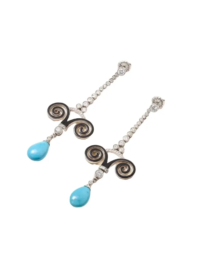 Eleuteri Vintage 1920s 18-karat White Gold, Diamond, Turquoise And Enamel Earrings - Blue