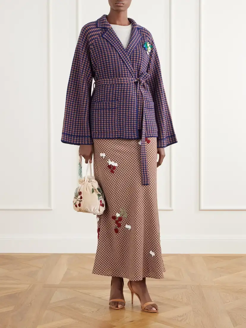BERNADETTE Chuck Belted Bead-embellished Checked Wool Maxi Skirt | Thumbnail 2 BERNADETTE Chuck Belted Bead-embellished Checked Wool Maxi Skirt | Thumbnail 2