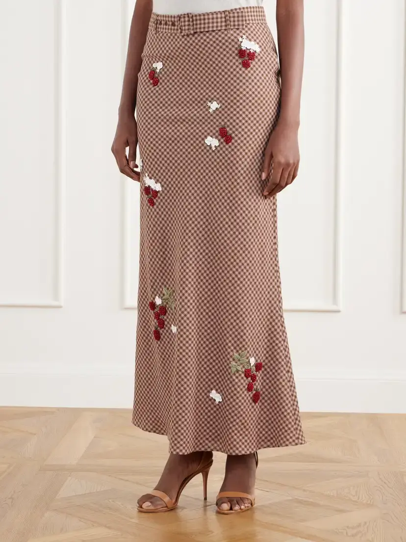 BERNADETTE Chuck Belted Bead-embellished Checked Wool Maxi Skirt | Thumbnail 3 BERNADETTE Chuck Belted Bead-embellished Checked Wool Maxi Skirt | Thumbnail 3