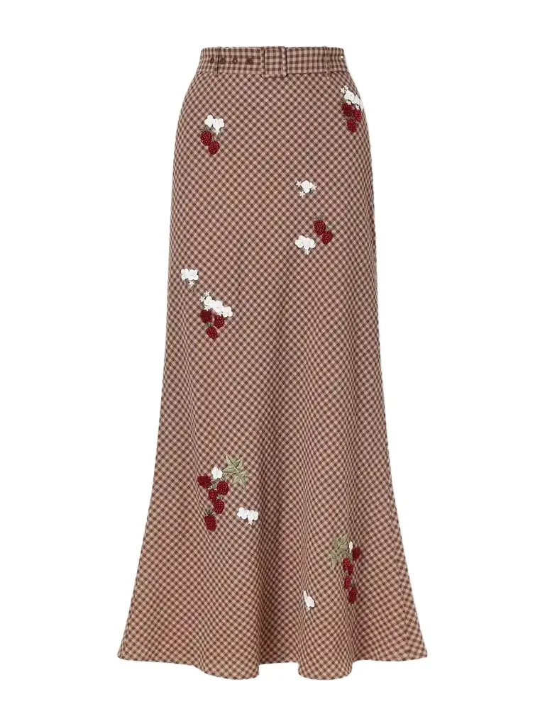 BERNADETTE Chuck Belted Bead-embellished Checked Wool Maxi Skirt