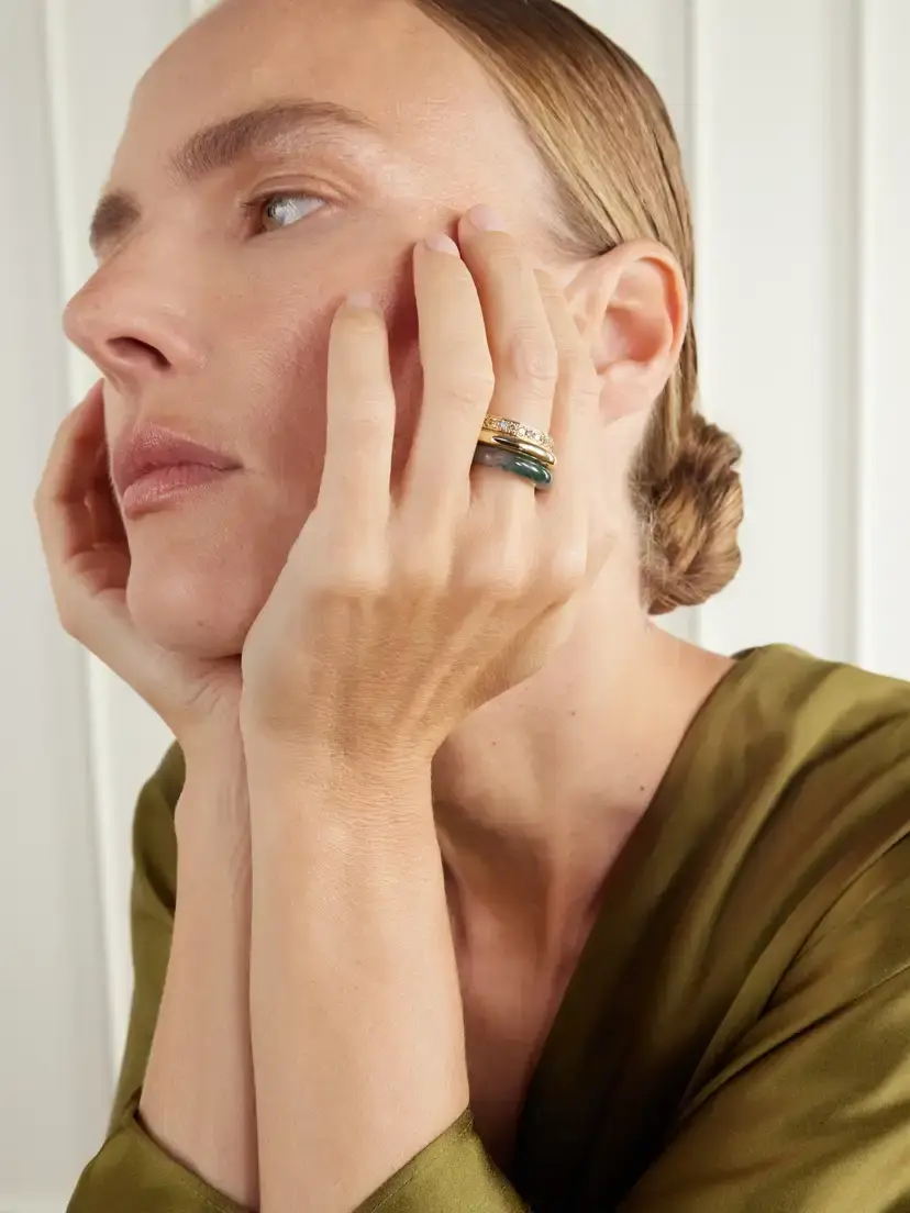 By Pariah Set Of Three Kalahari 14-karat Recycled Gold, Champagne Diamond And Agate Rings - Green | Thumbnail 2