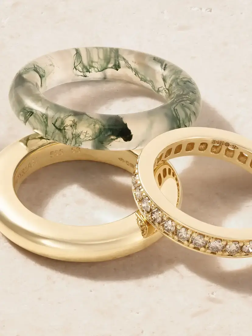 By Pariah Set Of Three Kalahari 14-karat Recycled Gold, Champagne Diamond And Agate Rings - Green | Thumbnail 3