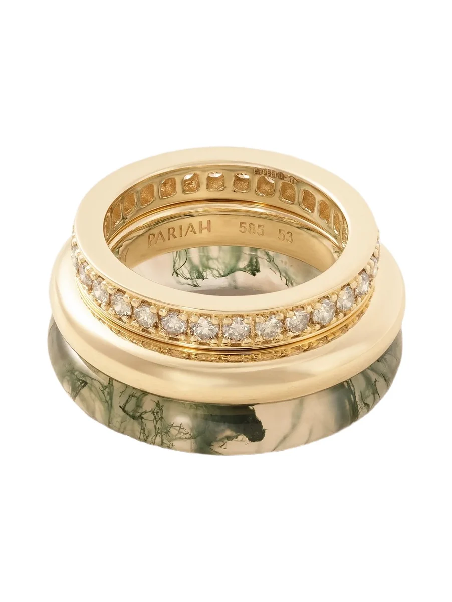 Set Of Three Kalahari 14-karat Recycled Gold, Champagne Diamond And Agate Rings - Green Set Of Three Kalahari 14-karat Recycled Gold, Champagne Diamond And Agate Rings - Green