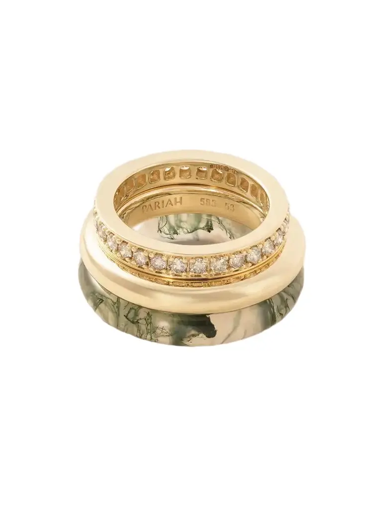 By Pariah Set Of Three Kalahari 14-karat Recycled Gold, Champagne Diamond And Agate Rings - Green
