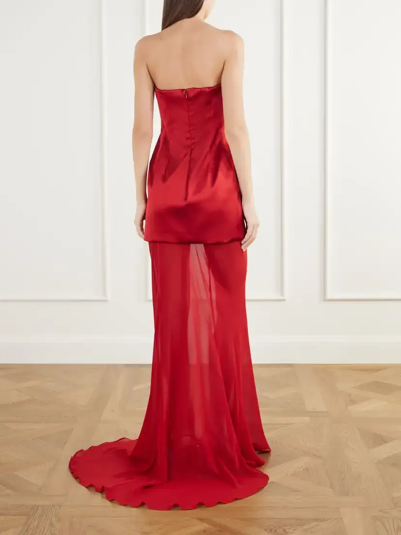 Sportmax Cilen Strapless Layered Satin And Silk-chiffon Gown - Burgundy | Thumbnail 3 Sportmax Cilen Strapless Layered Satin And Silk-chiffon Gown - Burgundy | Thumbnail 3