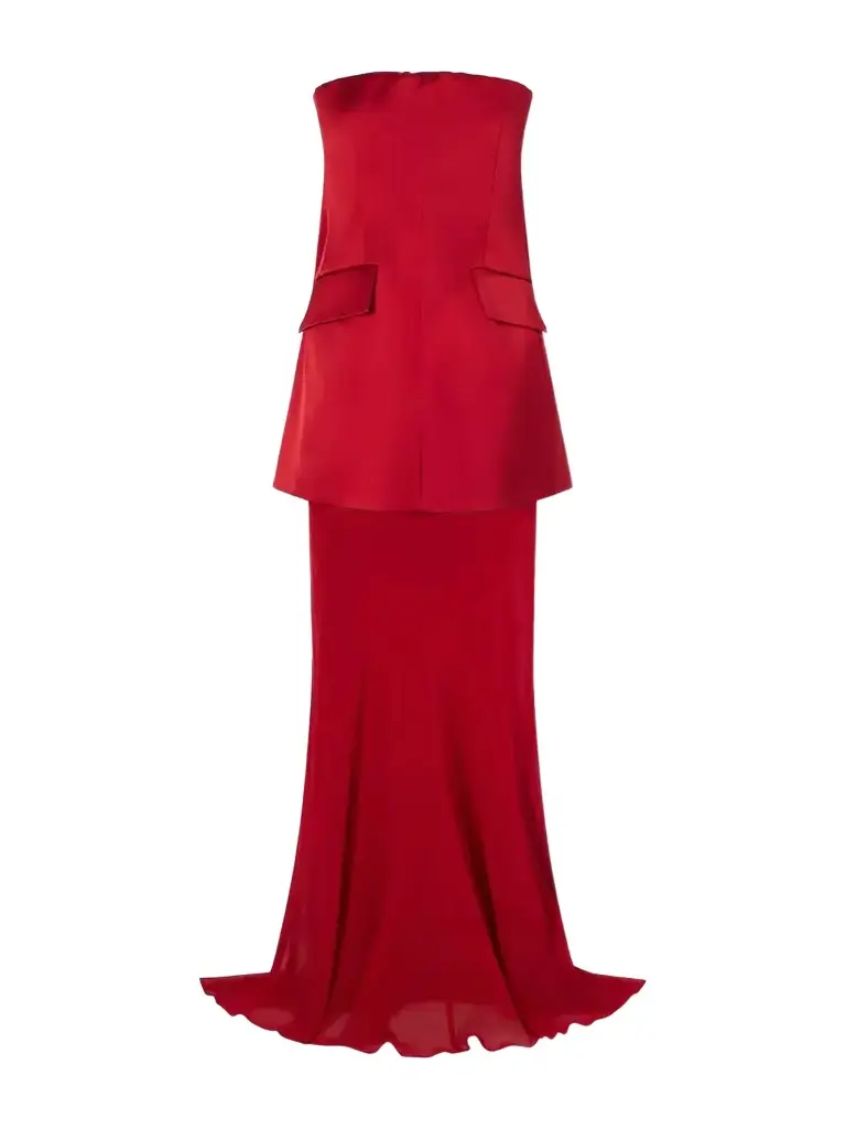 Sportmax Cilen Strapless Layered Satin And Silk-chiffon Gown - Burgundy
