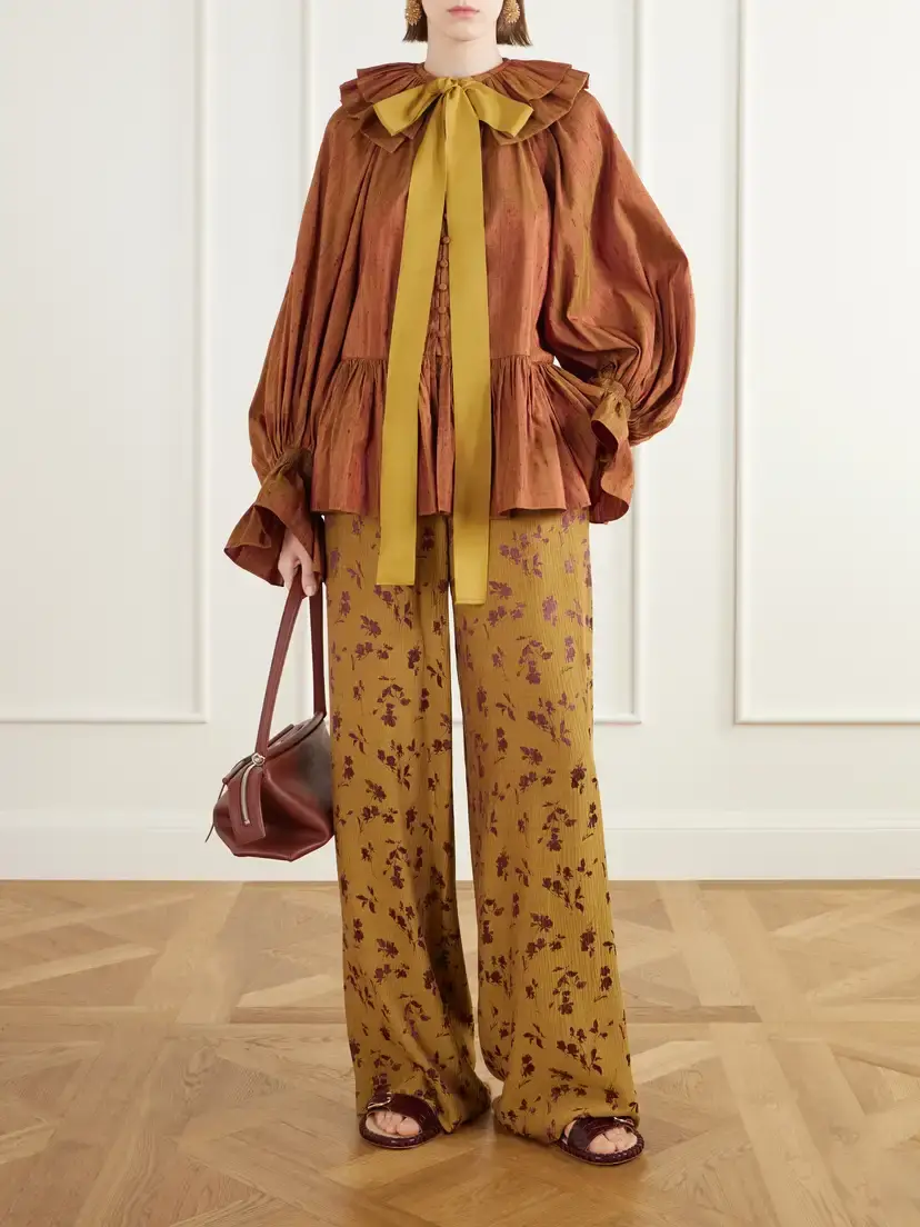 Christopher John Rogers Pussy-bow Ruffled-collar Gathered Silk-dupioni Blouse | Thumbnail 2 Christopher John Rogers Pussy-bow Ruffled-collar Gathered Silk-dupioni Blouse | Thumbnail 2