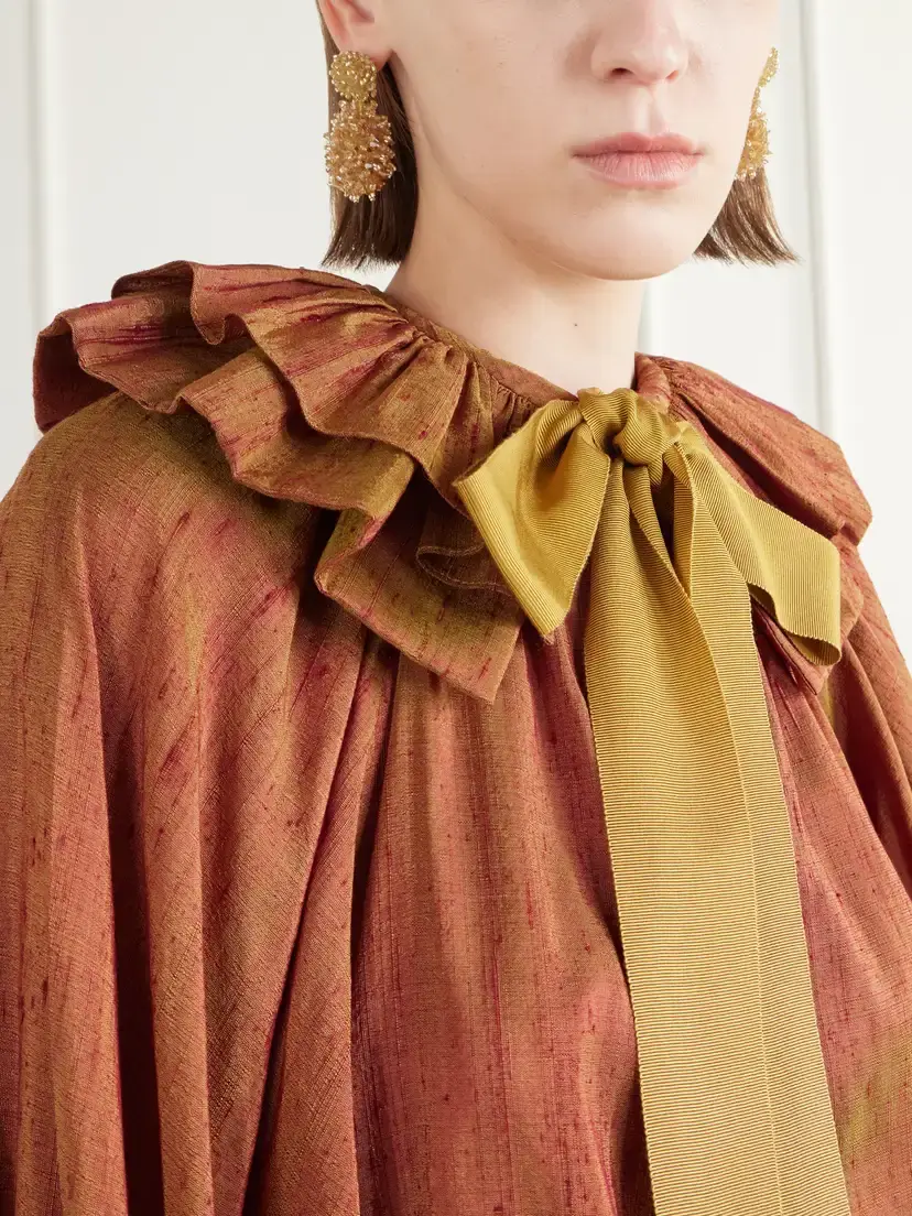 Christopher John Rogers Pussy-bow Ruffled-collar Gathered Silk-dupioni Blouse | Thumbnail 4 Christopher John Rogers Pussy-bow Ruffled-collar Gathered Silk-dupioni Blouse | Thumbnail 4