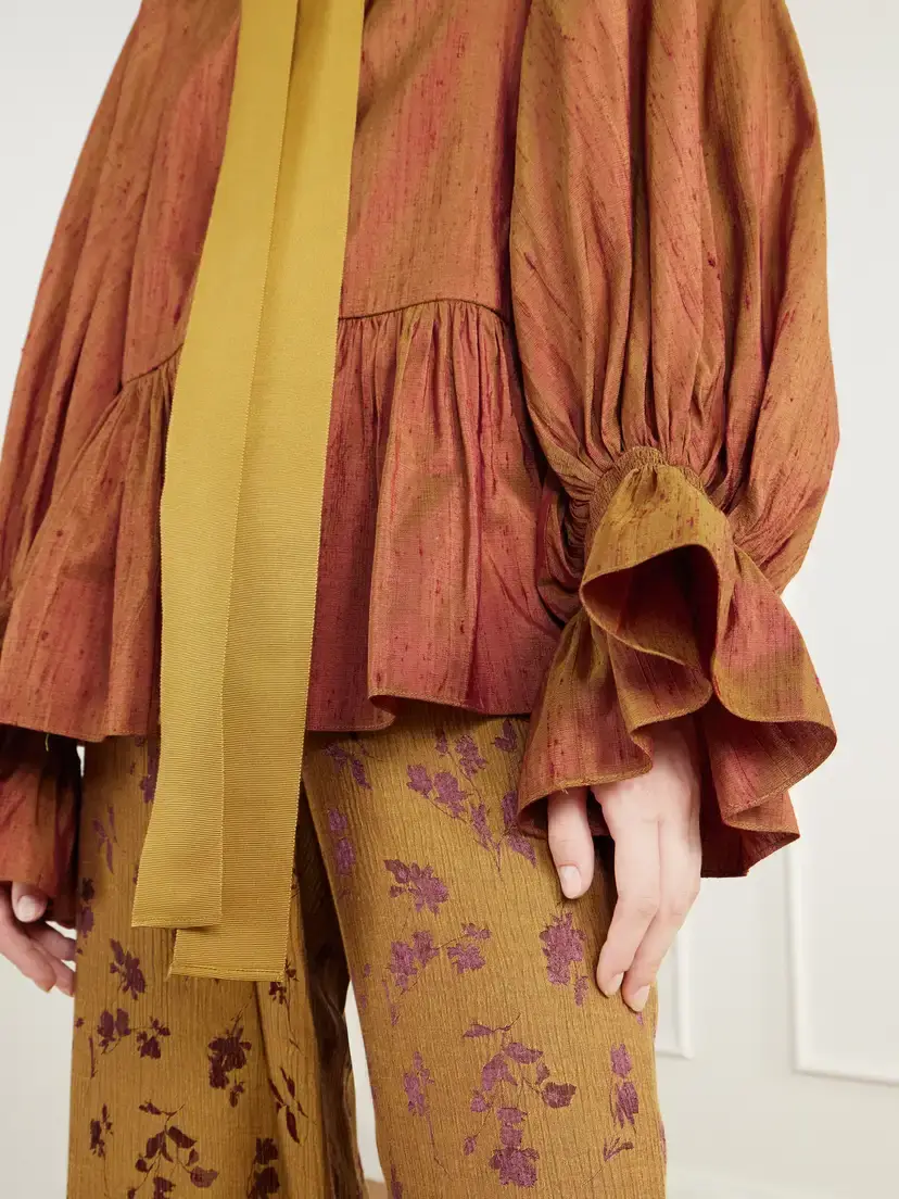 Christopher John Rogers Pussy-bow Ruffled-collar Gathered Silk-dupioni Blouse | Thumbnail 5 Christopher John Rogers Pussy-bow Ruffled-collar Gathered Silk-dupioni Blouse | Thumbnail 5
