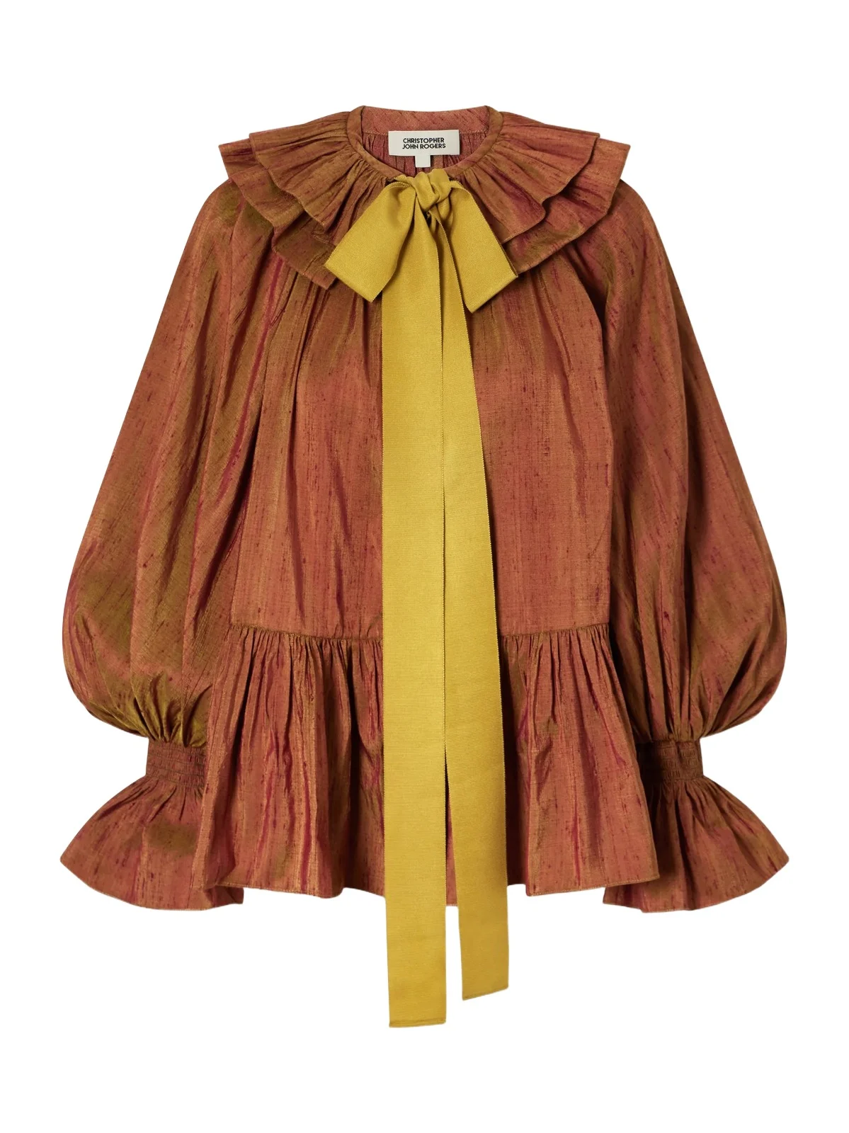 Christopher John Rogers Pussy-bow Ruffled-collar Gathered Silk-dupioni Blouse