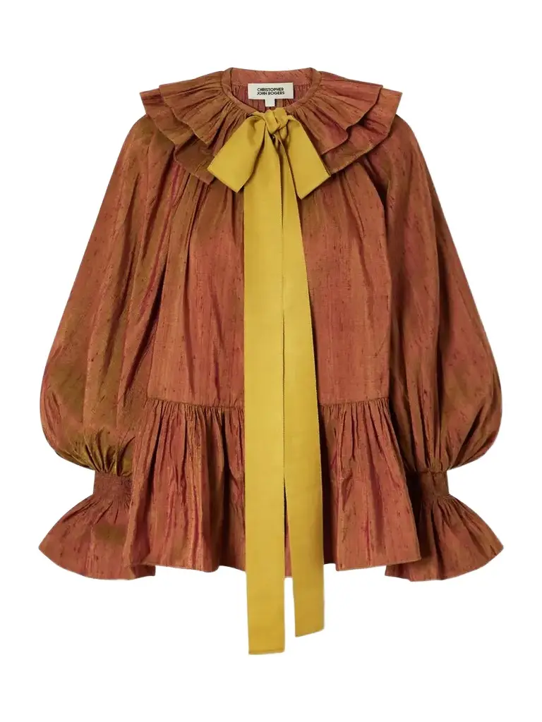 Pussy-bow Ruffled-collar Gathered Silk-dupioni Blouse Pussy-bow Ruffled-collar Gathered Silk-dupioni Blouse