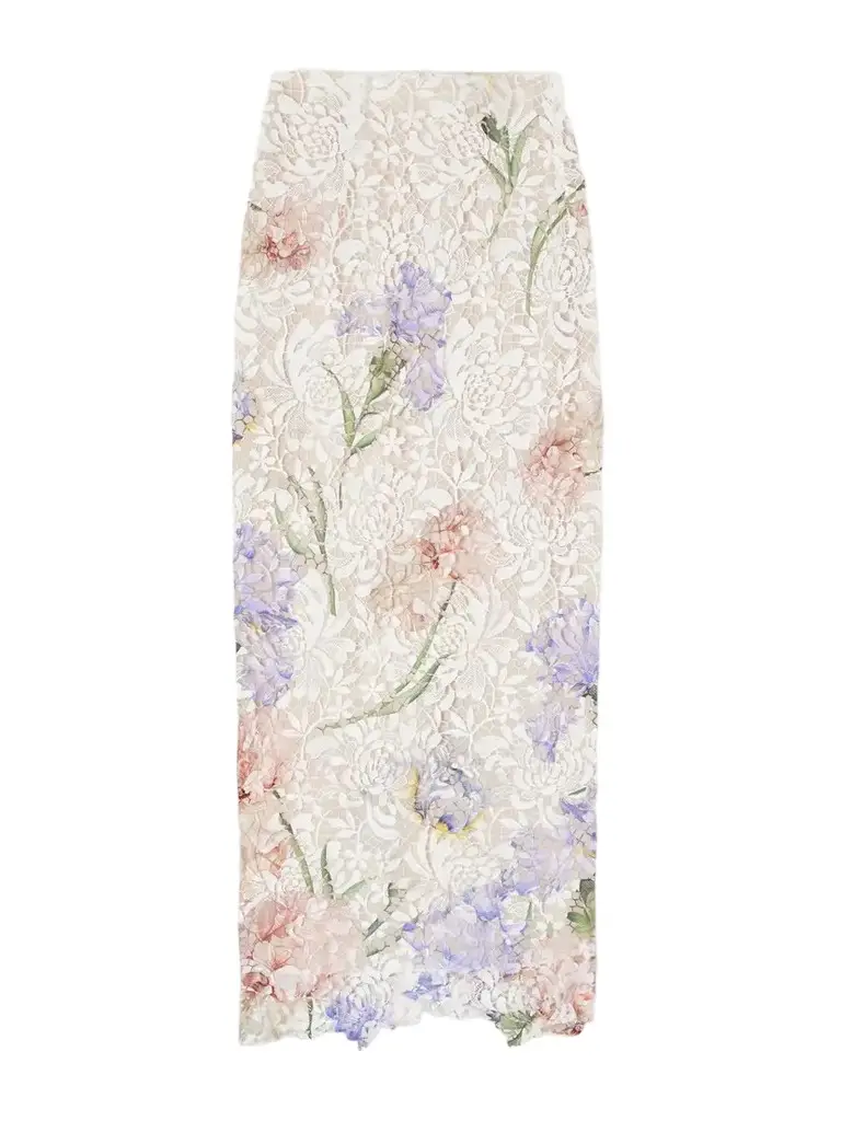 Floral-print Scalloped Guipure-lace Midi Skirt