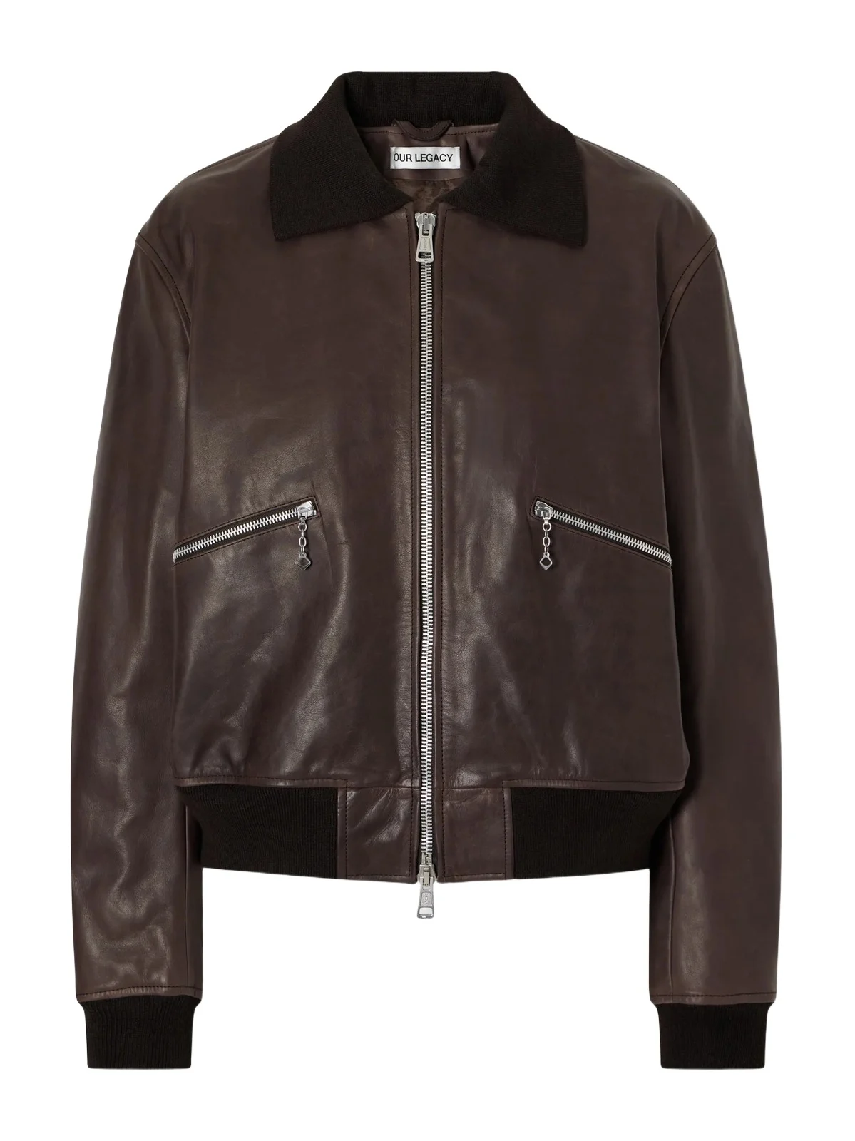 Waxed Cotton-trimmed Leather Bomber Jacket Waxed Cotton-trimmed Leather Bomber Jacket