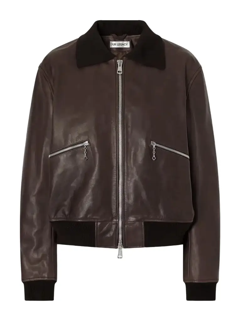 Waxed Cotton-trimmed Leather Bomber Jacket Waxed Cotton-trimmed Leather Bomber Jacket
