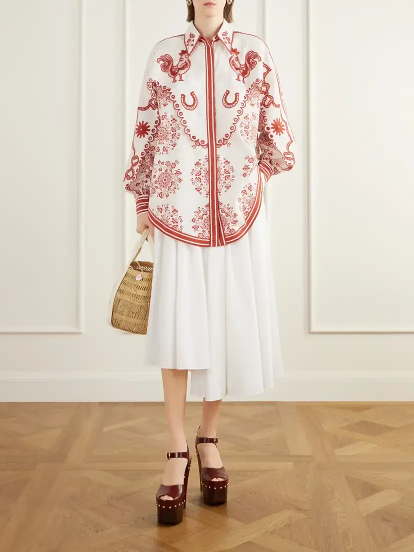 ALÉMAIS Giddy Scalloped Embroidered Printed Cotton-poplin Shirt | Thumbnail 2