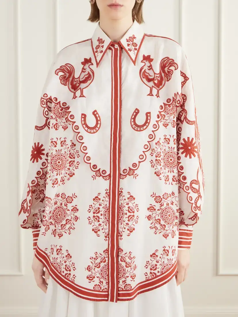 ALÉMAIS Giddy Scalloped Embroidered Printed Cotton-poplin Shirt | Thumbnail 3