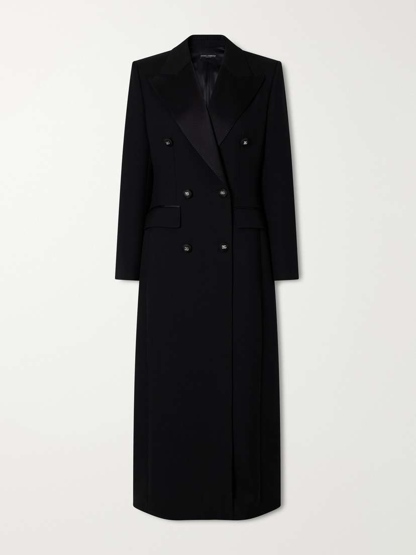 Double-breasted Satin-trimmed Wool-blend Grain De Poudre Coat Double-breasted Satin-trimmed Wool-blend Grain De Poudre Coat