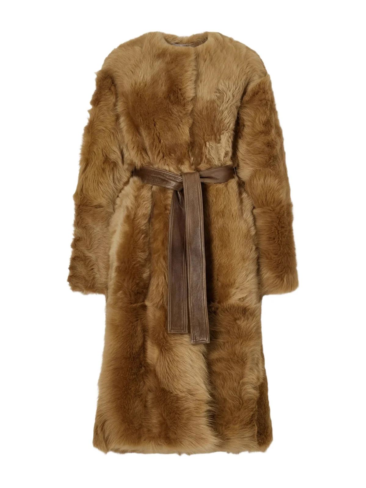 Demi Reversible Belted Collarless Shearling Coat Demi Reversible Belted Collarless Shearling Coat