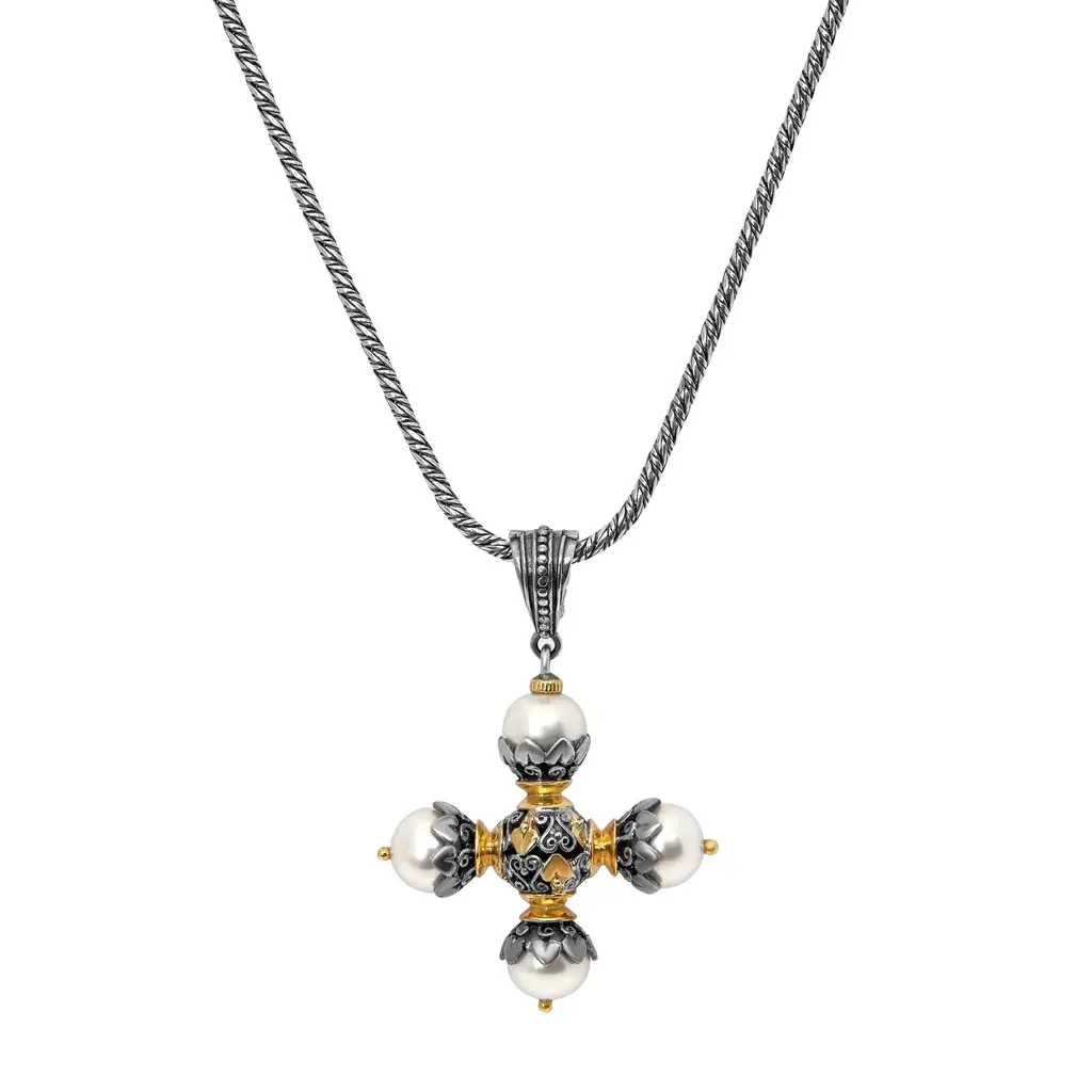 Konstantino 18K Yellow Gold, Pearl Cross Pendant Necklace by The Solist Konstantino 18K Yellow Gold, Pearl Cross Pendant Necklace by The Solist