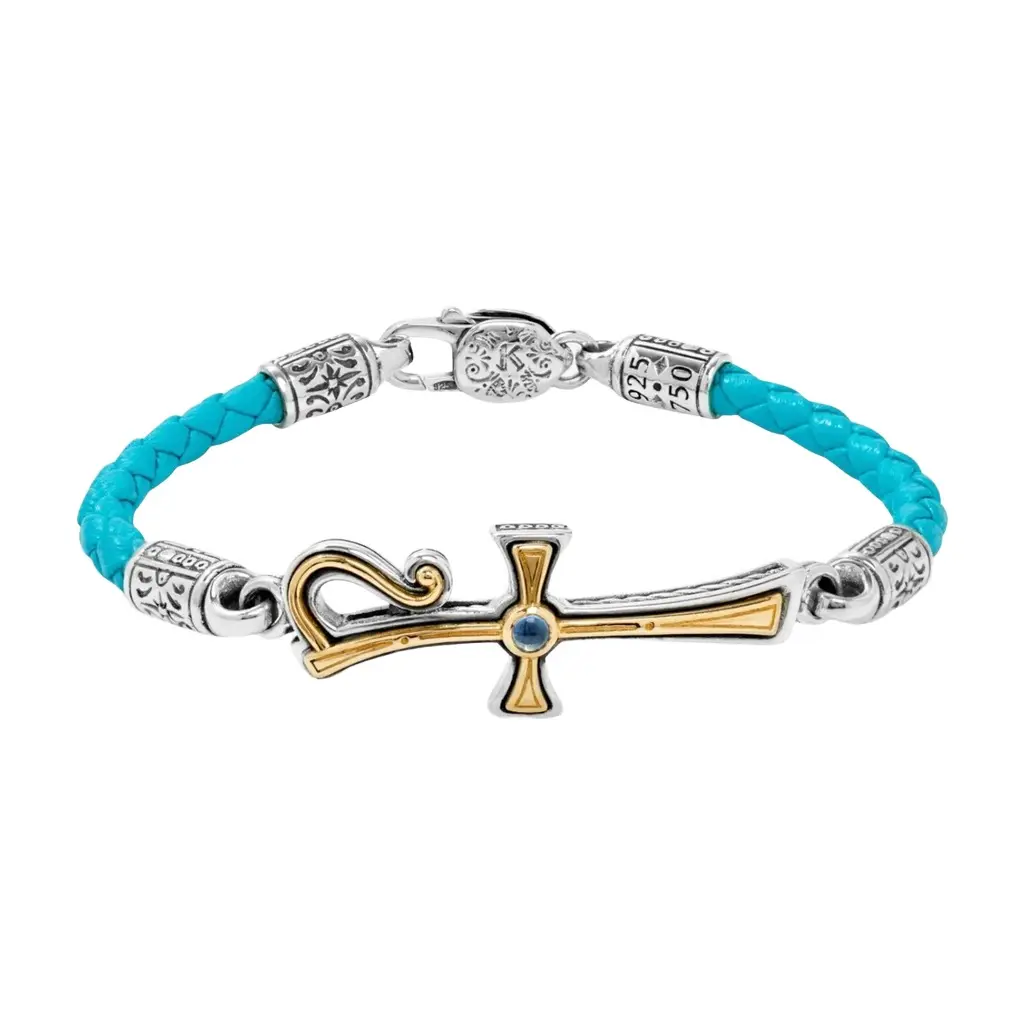 Konstantino Konstantino Dome Sterling Silver & 18K Yellow Gold Blue Spinel Leather Bracelet by The Solist